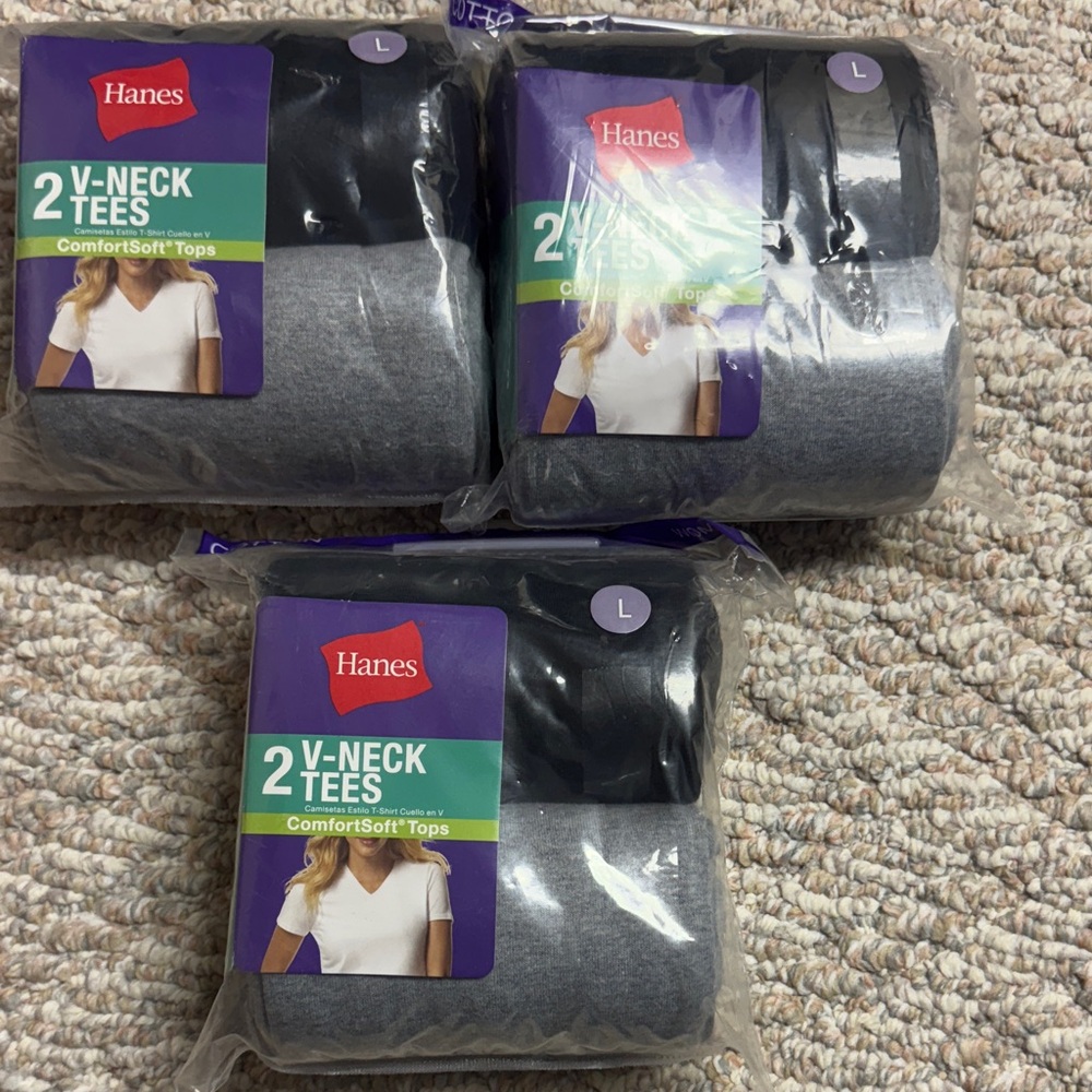 Hanes women’s  V-Neck Tees in Black and Gray - 3 packs- 6 shirts